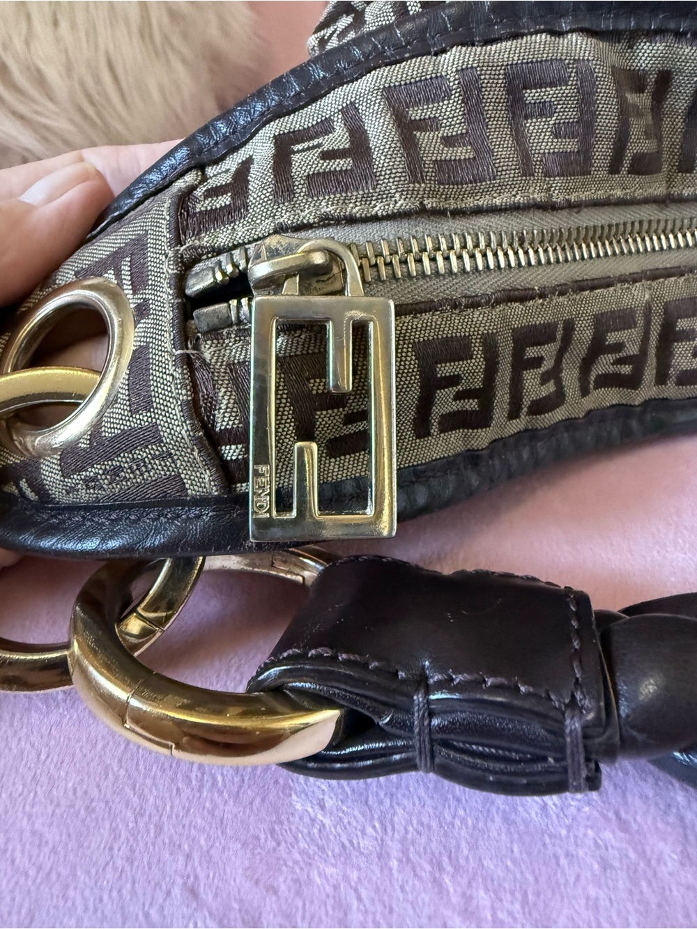 π―Auth! Vintage FENDI ZUCCHINO Shoulder Hobo Bag Canvas w Braided Leather Handle - Picture 10 of 16